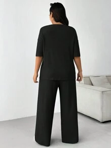Solflare Plus Size Plain Round Neck Short Sleeve Casual Top And Pants Set