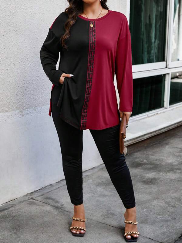 EMERY ROSE Plus Size Random Geometric Print Women Crew Neck Long Sleeve T-Shirt And Pants Casual 2 Pieces Set