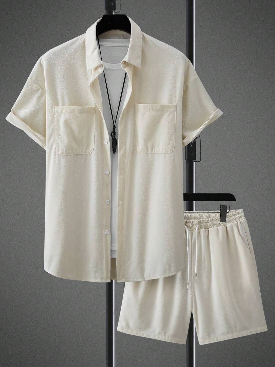 Manfinity Homme Men's Solid Color Short Sleeve Shirt And Shorts Casual Suit, Summer - Apricot - View 1