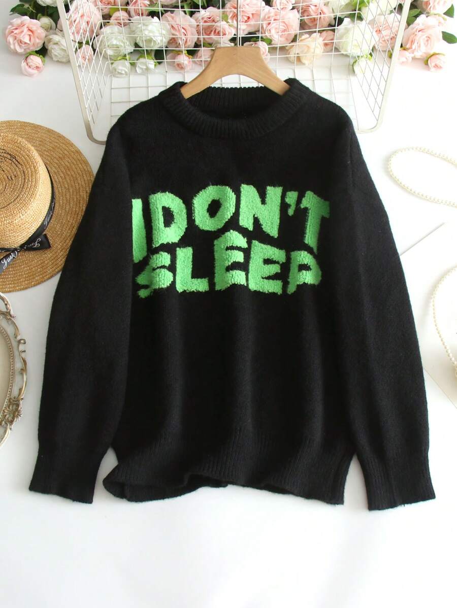 Chiquease Women's Crew Neck Long Sleeve Letter Pattern Sweater, Autumn/Winter, Knit Pullover Fall - Black - View 1
