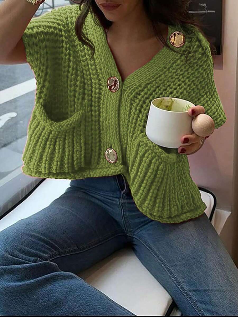 INAWLY Women's Solid Color Dual-Pocket Knit Vest, Casual For Spring/Autumn - Green - View 1