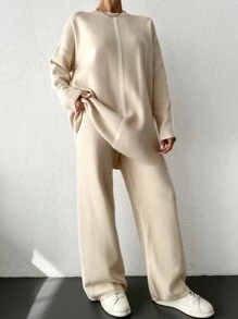 EURMUSE Women's Long Knit Sweater And Loose Knit Pants Two Piece Set - Apricot - View 1