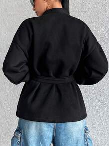 SHEIN Cottnline Solid Drop Shoulder Belted Coat - Black - View 2