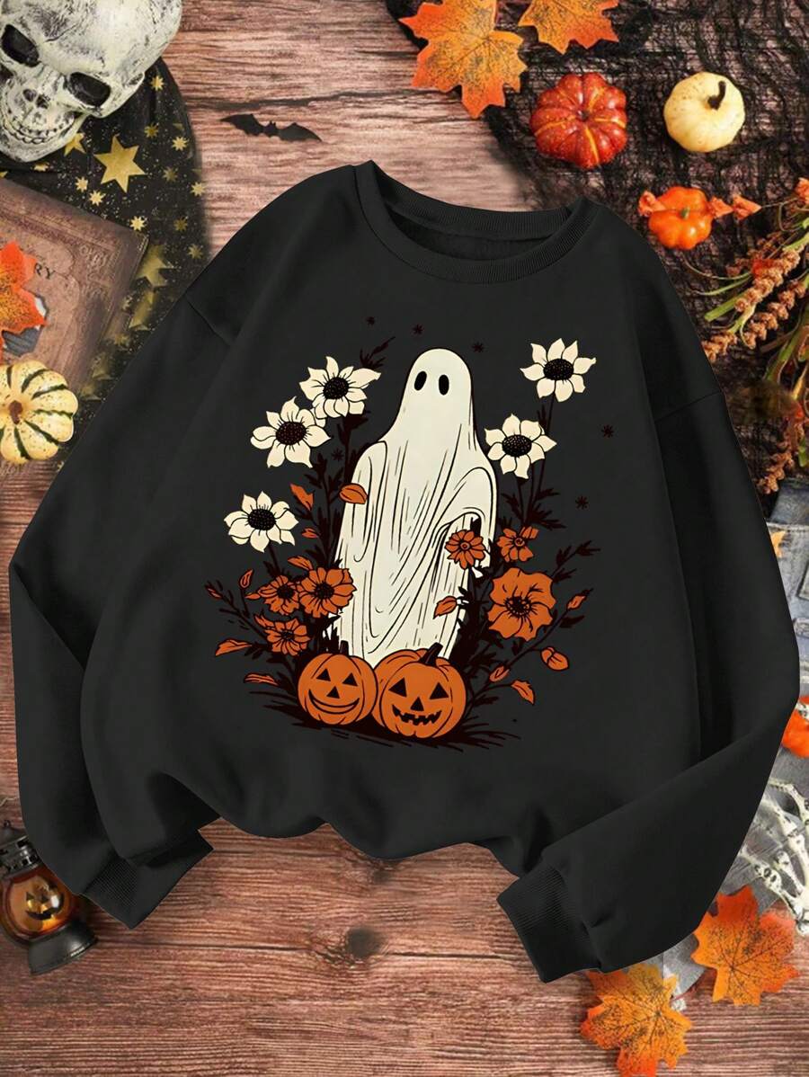 Tween Girl Cartoon Print Crew Neck Long Sleeve Sweatshirt - Black - View 1