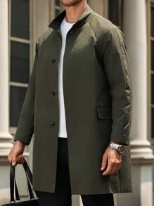 Manfinity Bizformal 男士纯色立领休闲风衣，秋季 - 軍綠色 - 查看 2