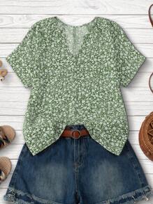 SHEIN LUNE Women's V-Neck Short Sleeve Ditsy Floral Black Blouse, Summer - Mint Green - View 1