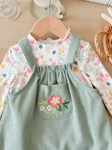 SHEIN LMoss Kids LMoss Baby Girl Baby Girl Dễ Thương Mùa Thu Vải Nhung Thêu Hoa Dây Đeo Và Bộ Áo Dài Tay Họa Tiết Hoa Ditsy - màu nâu - Xem 6