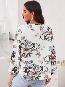 SHEIN Clasi Top botánico de manga farol de cuello con cordón - Blanco - Ver 2