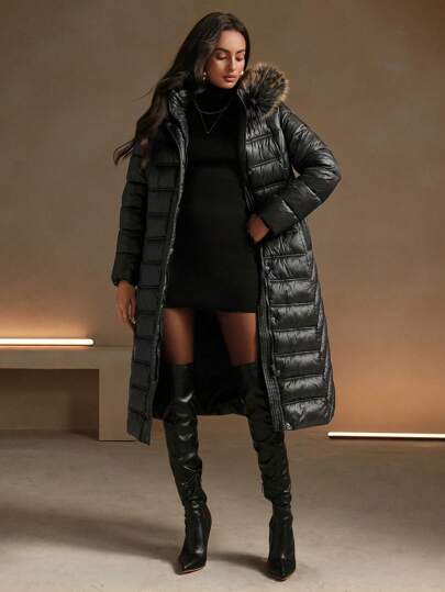 Anewsta Women's Fur Collar Thickened Mid-Length Padded Coat, Fall/Winter