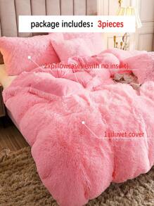 三件套纯色蓬松床上用品，包含一个被套和两个枕套，适用于卧室、客房，尺寸可选：特大号、大号、标准双人床、单人床，圣诞礼物 - 粉色 - 查看 2