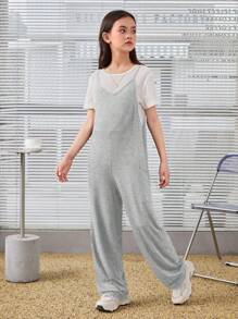 SHEIN Tween Girl  Daily Casual Knitted Solid Color V-Neck Jumpsuit - Light Grey - View 1
