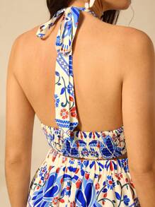 CAJUNI 女士度假休闲海滩热带硒和杜鹃花印花吊带系带夏季长裙