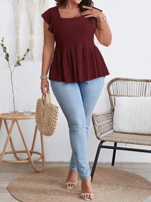 SHEIN VCAY 大码女式秋季纯色方领盖袖荷叶边下摆 T 恤女式上衣