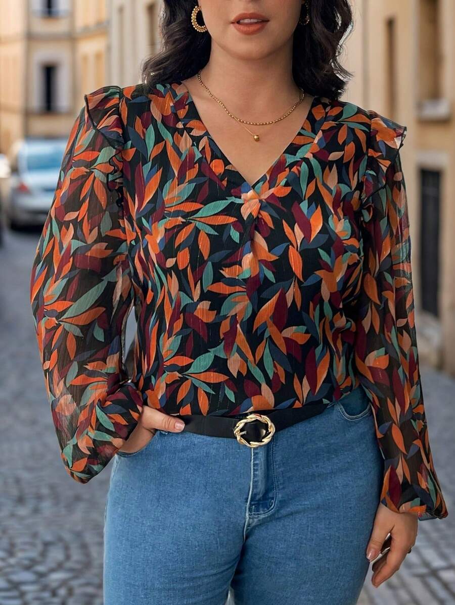 SHEIN Frenchy Blusa de manga larga con estampado floral sencillo para mujer talla grande, camisa de mujer de otoño, ropa de mujer de otoño, blusa elegante, camisa de otoño, camisa de manga larga, estampado de hojas, atuendo para citas para mujeres, atuendo para fiestas para mujeres - Multicolor - Ver 1