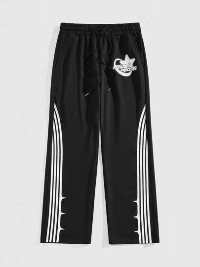 Prep Pantalon de jogging ample et décontracté pour hommes avec cordon de serrage à la taille, motif étoile pentagone et rayures