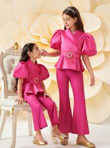 SHEIN Tween Girl 2-Piece Set: Solid Color Puff Sleeve Blouse And Flared Trousers