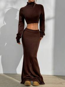 Flirla Set de 2 piezas que incluye un jersey ajustado de cuello alto y manga larga, y una falda con bajo de sirena, conjunto de otoño