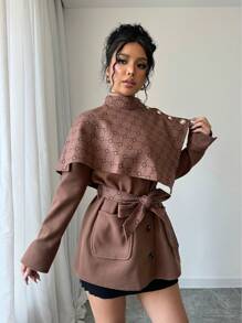 Elenzga 女式纽扣闭合纯色拼布长袖口袋休闲夹克，女士深秋休闲系带，纽扣常规袖圆领常规版型棕色全身印花，纯色女式大衣，户外活动 - 棕色 - 查看 1