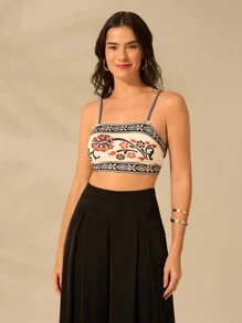 CAJUNI 女士波西米亚风印花、热带杜鹃印花、露背米色短款背心、夏季休闲、海滩度假背心 - 彩色 - 查看 5