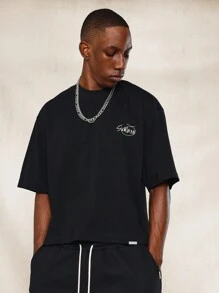 SUMWON Crop Fit Short Sleeve Tee With Text Graphic Print - Black - View 2