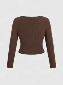 SHEIN MOD Plus Size Coffee Brown Ruched Chest Collar Long Sleeve T-Shirt For Women - Coffee Brown - View 2