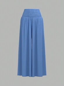 SHEIN Privé Women's High-Waisted Cool Wide-Leg Pants With Cable Design At Waistband - Blue - View 1