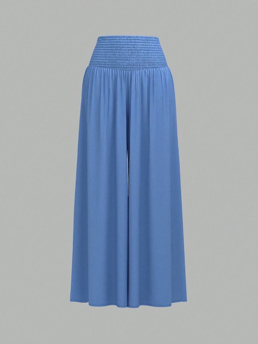 SHEIN Privé Women's High-Waisted Cool Wide-Leg Pants With Cable Design At Waistband - Blue - View 1