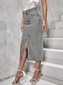 SHEIN Essnce Front Button Pocket Simple Split Denim Skirt, Casual Daily Wear - Light Grey - View 3
