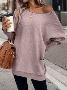 EMERY ROSE Fashionable Casual Versatile Loose Batwing Sleeve Scoop Neck Pullover Sweater For Women, Autumn/Winter - Dusty Pink - View 6
