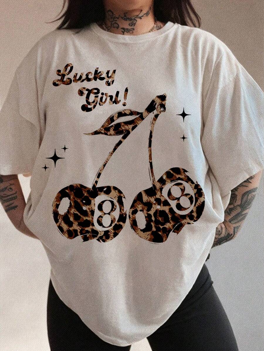 SHEIN EZwear Plus Size Casual Cherry Print Round Neck Short Sleeve T-Shirt, Loose Fit Plus Size Women Graphic Tee For Summer - White - View 1