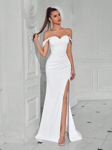 Elisanya Sweetheart Off-Shoulder Elegant Corset Bodycon Long Prom Dress With High Slit For Cocktail Party, Ball And Homecoming White Semi Formal Wedding Guest Dress, For Birthday, Graduation, Dinner