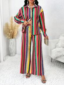SHEIN Lady Four Seasons Red Set Casual Two Piece Set Women Women Suits Fall Sets Bohemian Style Casual Colorful Striped Long-Sleeved Shirt With Loose Wide-Leg Pants Women Fall Sets Fall Two Piece Sets New Women's Two-Piece Set