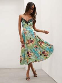 COSMINA Women's Floral Print Contrast Lace Elegant Cami Party Gala Cocktail Dress