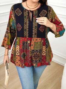 SHEIN Plus Size Casual Vintage Floral Print Shirt Peplum Top - Multicolor - View 3