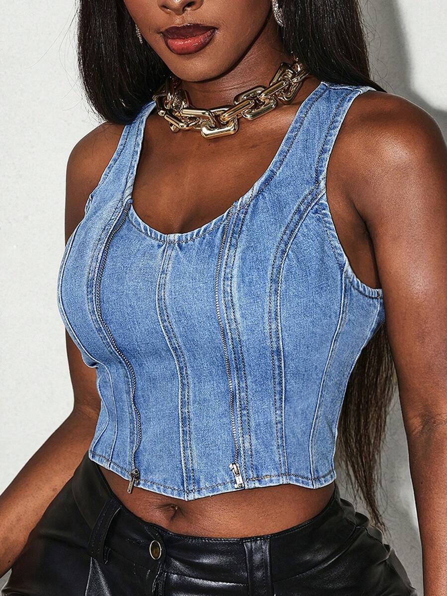 SHEIN Slayr 女式夏季拉链设计休闲牛仔背心 - 藍色 - 查看 1