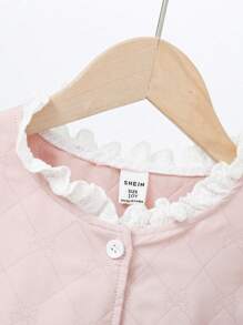 2 Stücke Mädchen Pink einfarbiges Lässig Loungewear Set mit Spitzenbesatz, Langarm - Pink - Übersicht 4