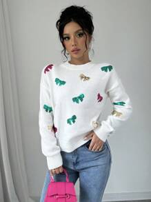 Chiquease Women's Crew Neck Long Sleeve Casual Pullover Sweater With Bow Pattern