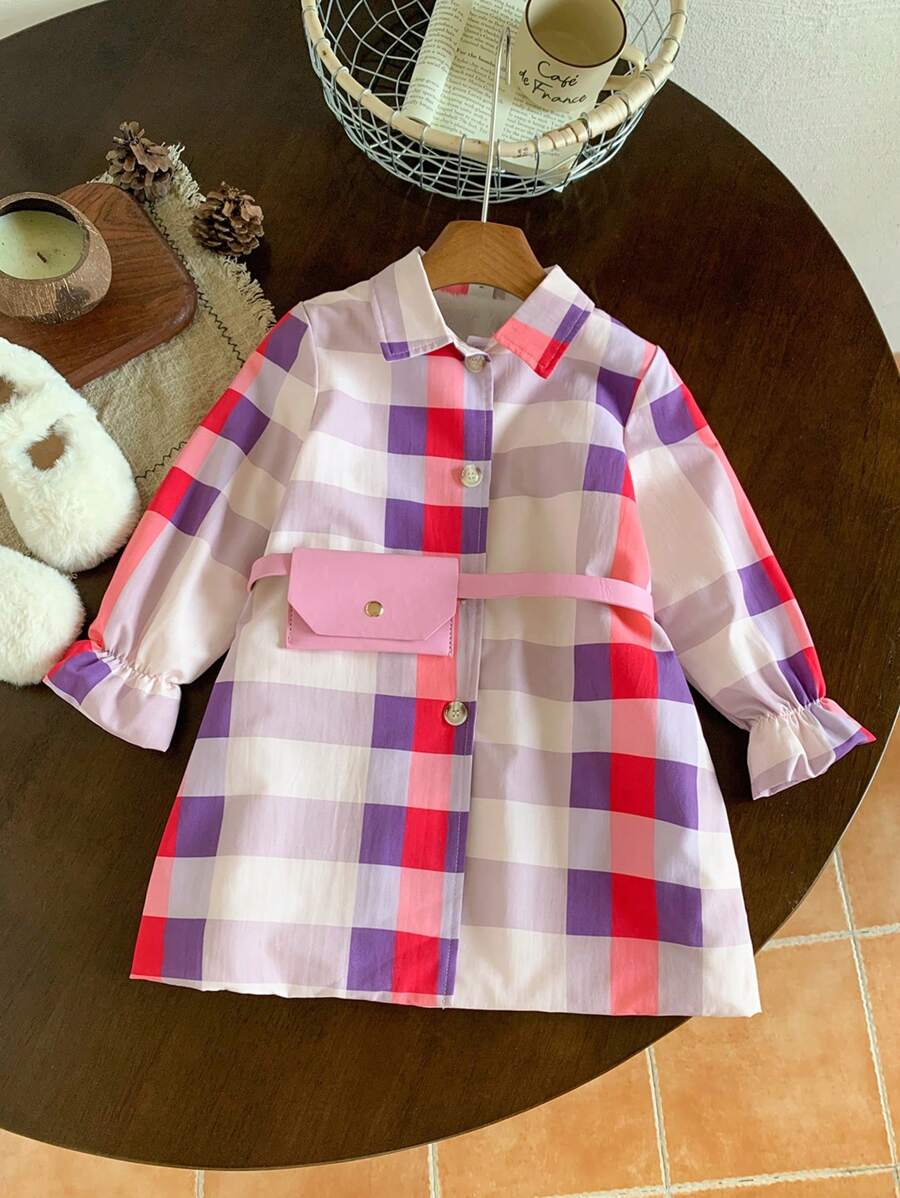 SHEIN 1 件年轻女孩休闲通勤格纹保暖内衬长袖风衣，配有 PU 腰包，适合秋季日常穿着