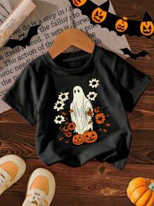 Baby Girls Halloween Theme Printed Round Neck Short Sleeve Top - Pink - View 1