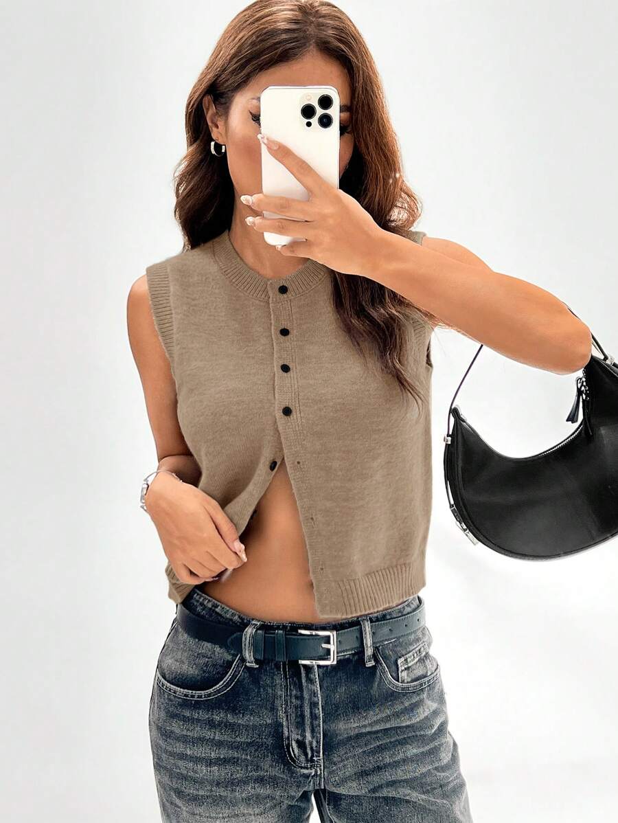 SHEIN EZwear Áo thun không tay cài nút phía trước đơn giản, mặc thường ngày - Cà phê nâu - Xem 1