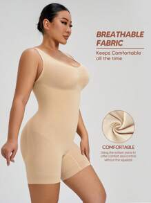 1件女士收腹塑身連身衣，腰部束腰器，臀部提升器和三分長度，適合層疊穿著 - 杏色 - 查看 6