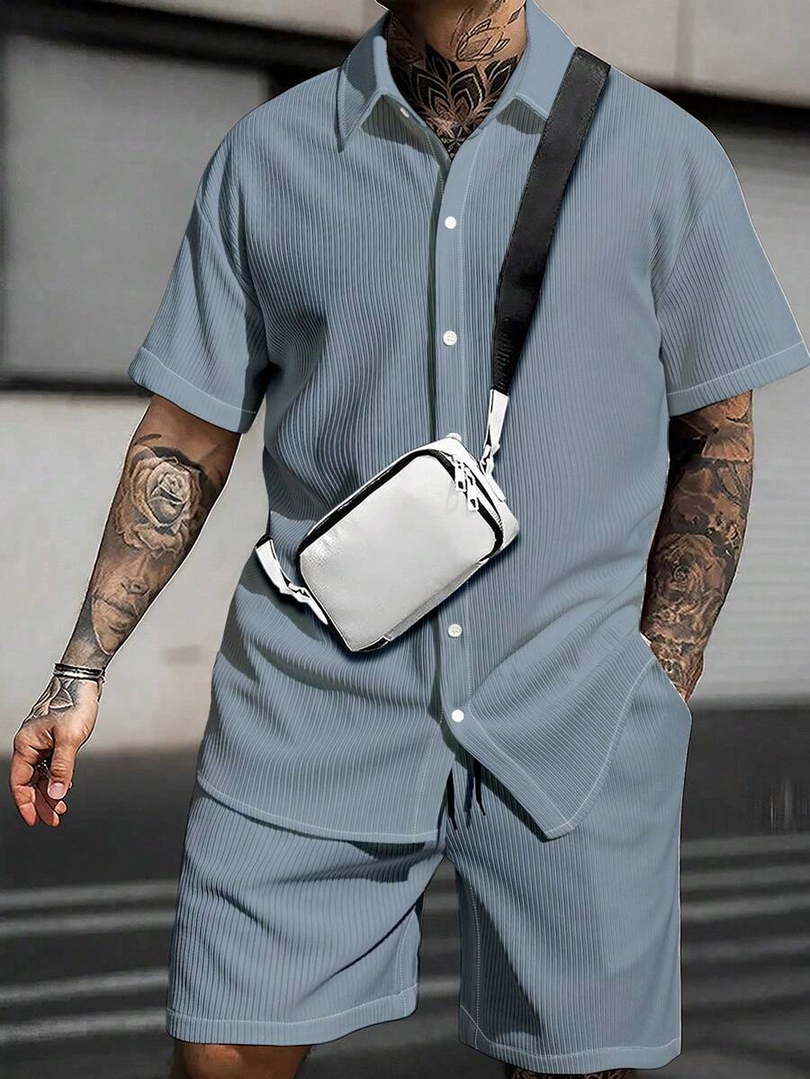 Manfinity Homme 2pcs Men's Solid Color Shirt Collar Button Down Short Sleeve Casual Top And Pocket Shorts Set