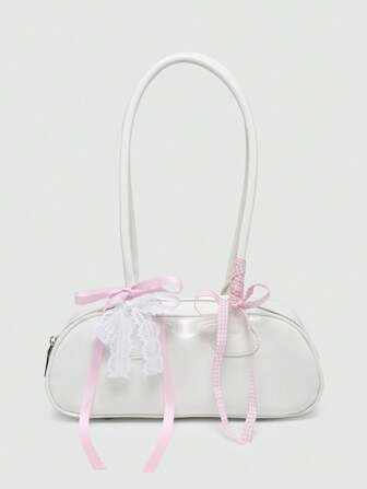 Kawaii Bolso de hombro de Boston con decoración de corazón de cereza, lazo a cuadros y estilo retro y lindo para mujer