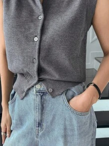 Dazy-Less Damska jednokolorowa kamizelka bez rękawów z dzianiny z guzikami z przodu, codzienna odzież na co dzień, styl Old Money, jesienne ubrania, biznesowe, codzienne ubrania damskie do pracy - Szary - Zobacz 1