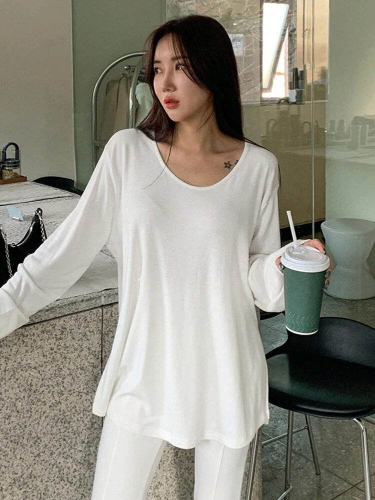 Camiseta de mujer de unicolor con diseño de cuello redondo grande y lazo, blanca, ropa de primavera/verano/otoño, blusas de manga larga para mujer