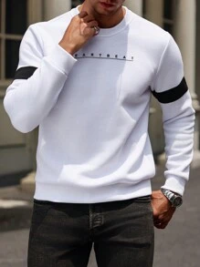 Manfinity Homme 男士时尚简约字母印花圆领长袖运动衫外出字母拼色运动衫，适合朋友、丈夫、男朋友的礼物，适合秋季 - 白色 - 查看 5