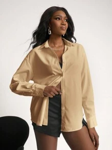 SHEINNeu Camisa casual de manga larga de unicolor para mujer, primavera y otoño - Caqui - Ver 5