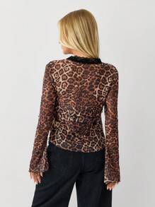 SHEIN Unity Women's Leopard Print Sheer Lace Trim Tie Flared Sleeve Long Sleeve T-Shirt Fall Cloth For Women - Multicolor - View 2