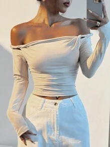 SHEIN EZwear بلوزة بياقة على الكتف، كم طويل، ملفوفة، مضبوطة، أنيقة، أنيقة وحلوة للنساء - أبيض - مشاهدة 3