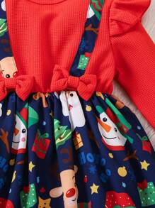 Toddler Girls' Cute & Artsy Christmas Themed Reindeer, Santa Claus, Christmas Tree Print Long Sleeve Ruffle Trim Waffle Knit Party Dress, Autumn - Multicolor - View 3